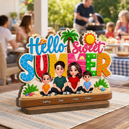 Hello Summer Vibe Family Grandpa Grandma Dad Mom Kids - Personalized Wooden Plaque - Gift For Family, Grandparents, Summer Decoration