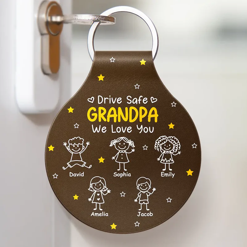 Stick Figures Drive Safe Daddy Grandpa - Personalized Custom Shaped Leather Keychain
