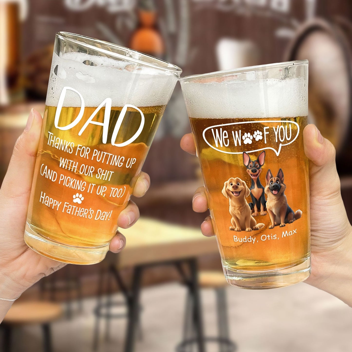 Father's Day Gifts, Thanks Dad We Woof You New Version - Personalized Beer Glass
