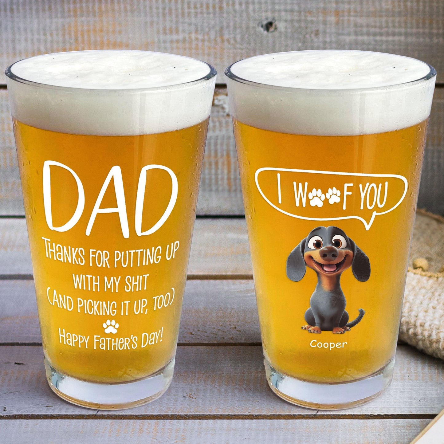 Father's Day Gifts, Thanks Dad We Woof You New Version - Personalized Beer Glass