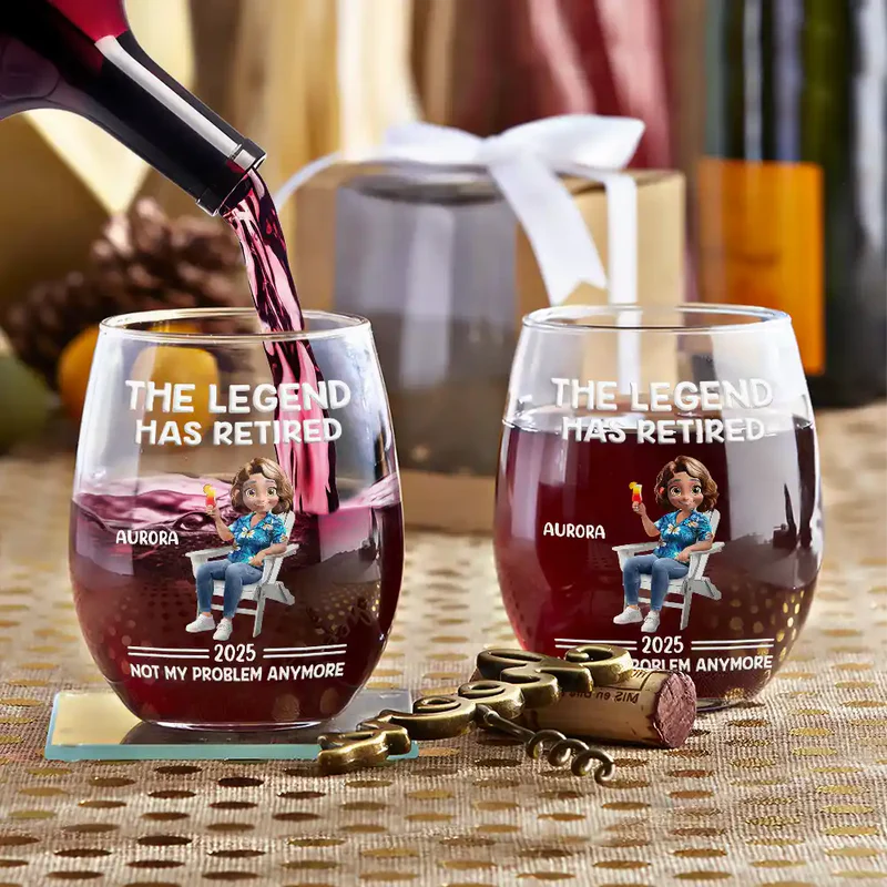 The Legend Has Retired Not My Problem Anymore Cartoon - Personalized Stemless Wine Glass