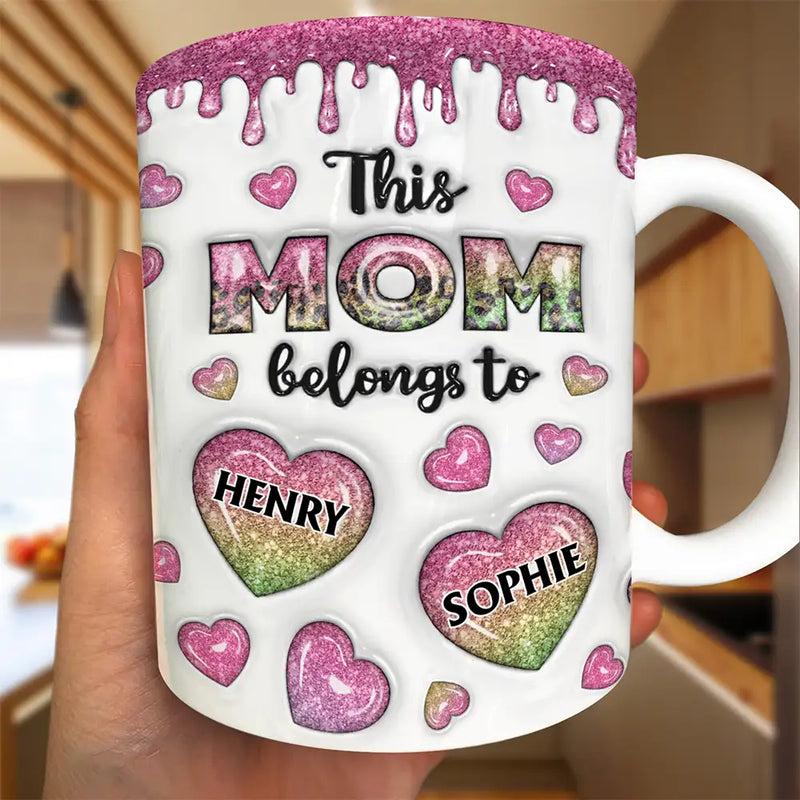 This Mom Grandma Belongs To Heart Icon - 3D Inflated Effect Printed, Personalized White Edge-to-Edge Mug
