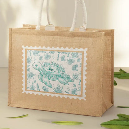 Toile De Jouy Sea Turtle - Personalized Jute Beach Bag