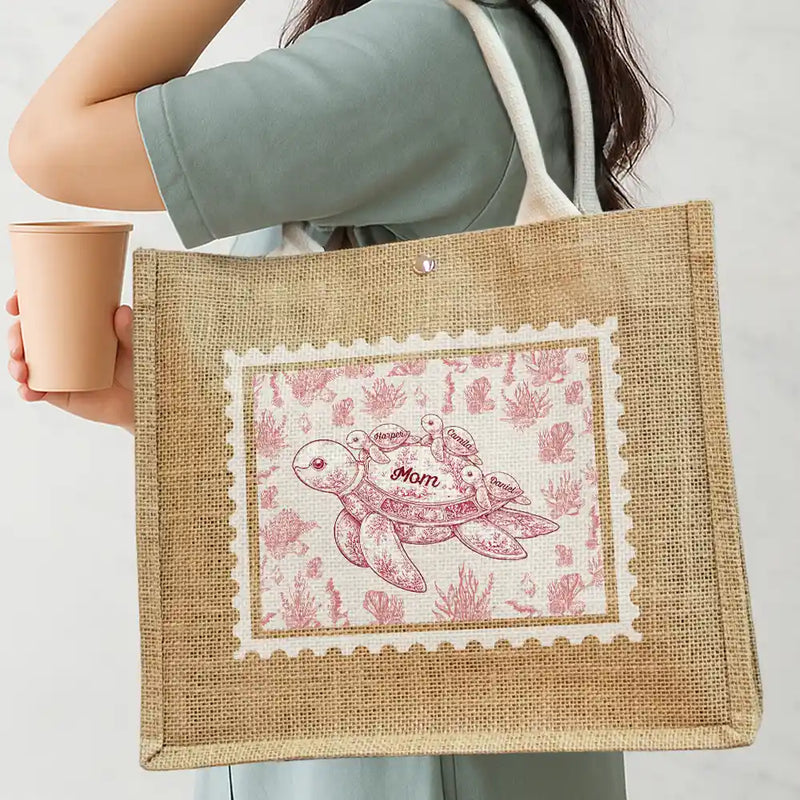 Toile De Jouy Sea Turtle - Personalized Jute Beach Bag