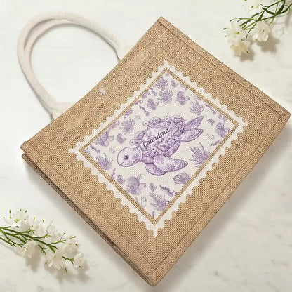 Toile De Jouy Sea Turtle - Personalized Jute Beach Bag
