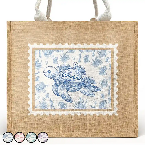 Toile De Jouy Sea Turtle - Personalized Jute Beach Bag