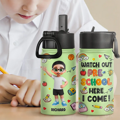 Watch Out Kindergarten Here I Come 3D Effect Kids - Personalized Kids Water Bottle