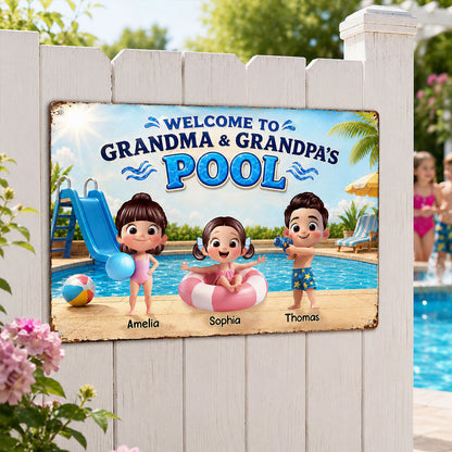 Welcome to Grandma Grandpa's Pool - Personalized Metal Sign - Summer Decor Gift for Grandparents