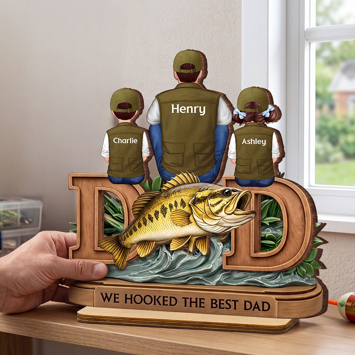 Fishing Dad And Kids Sitting Together - Personalized Wooden Plaque - Heartfelt Gift For Dad, Gift For Husband