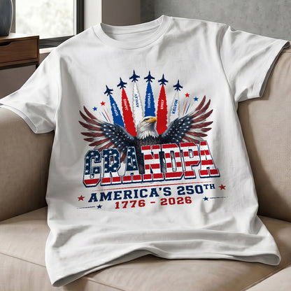 Proud Grandpa Dad Bald Eagle Jets Smoke Custom Kid Name - Personalized Shirt - American 250th Anniversary Keepsake For Husband, Dad, Grandpa