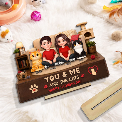 You & Me And The Cats Cozy Room 2D Flat - Personalized Wooden Plaque - Father's Day Gift For Cat Dad