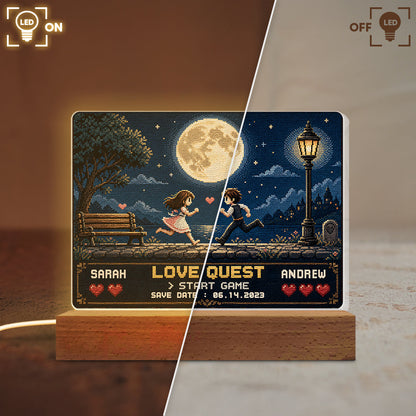 Retro Gamer Couple Love Quest - Personalized Acrylic Block LED Night Light - Anniversary Gift for Him, for Her