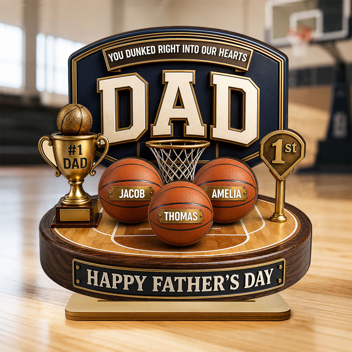 Basketball Trophy You Dunked Right Into Our Hearts - Personalized Wooden Plaque - Father's Day Gift For Dad, Husband