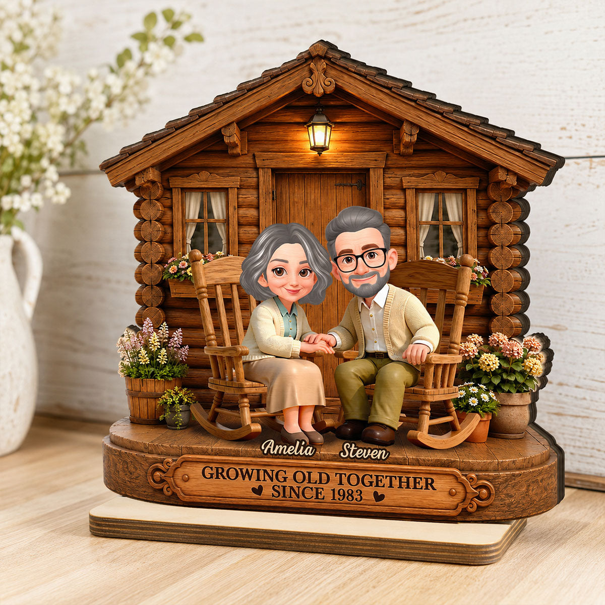 Eternal Love Couple Growing Old Together Cabin Wood House - Personalized Wooden Plaque - Anniversary Gift For Couple
