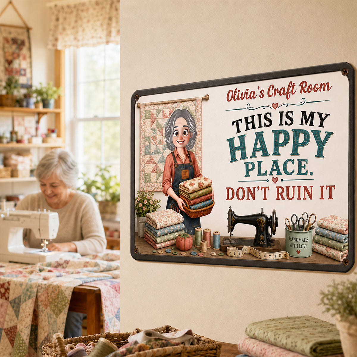 This Is My Happy Place Don't Ruin It Sewing Girl - Personalized Wooden Sign - Craft Room Decor