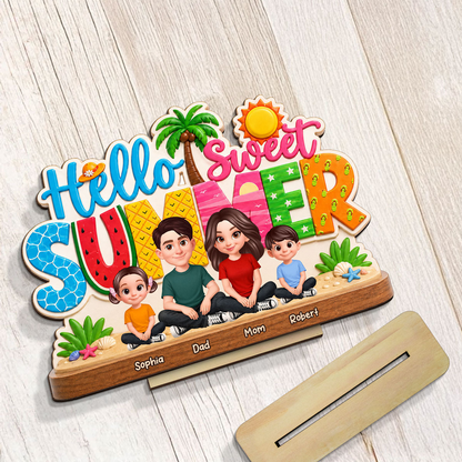 Hello Summer Vibe Family Grandpa Grandma Dad Mom Kids - Personalized Wooden Plaque - Gift For Family, Grandparents, Summer Decoration
