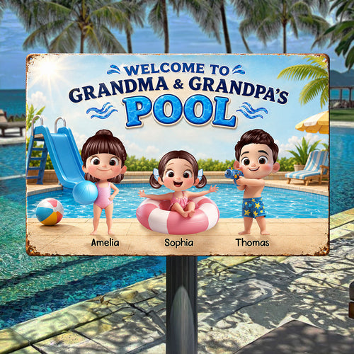 Welcome to Grandma Grandpa's Pool - Personalized Metal Sign - Summer Decor Gift for Grandparents