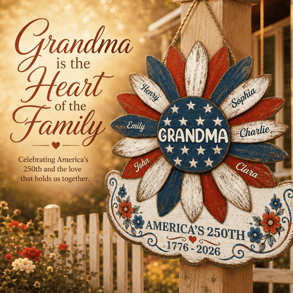 Grandma Nation Flag Sunflower America 250th Anniversary - Personalized Wood Sign - 250 Years Of Freedom, Patriotic Decoration