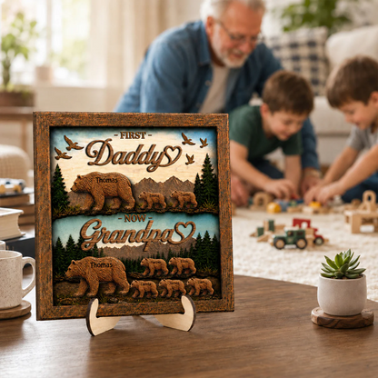 First Dad Now Grandpa Bear with Kids Name - Personalized Wooden Plaque
