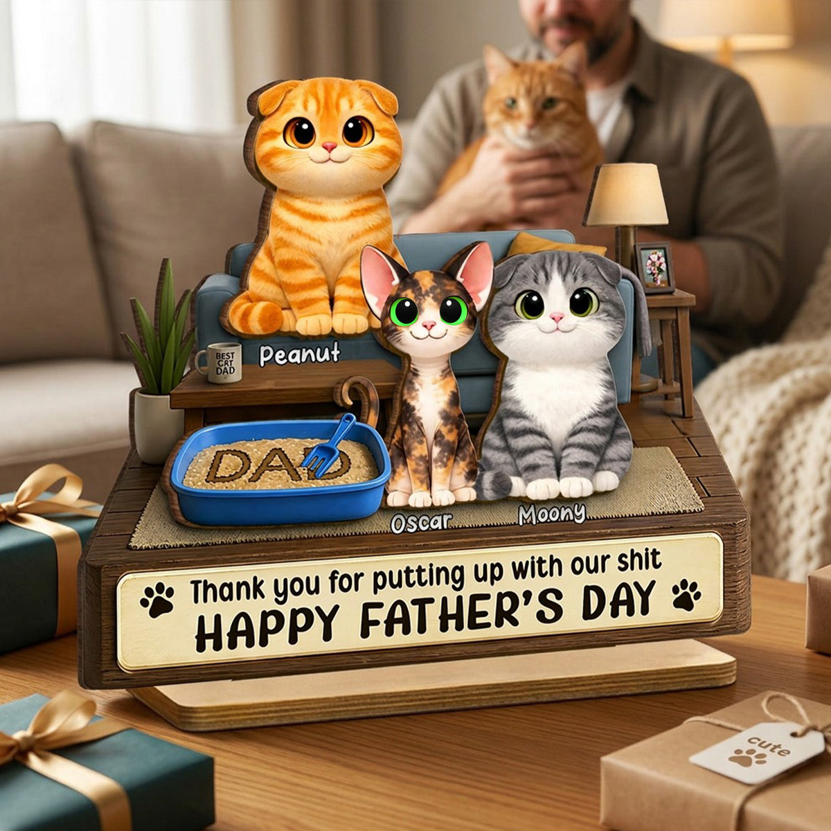 Thank You for Putting up with My Sh*t - Personalized Wooden Plaque - Funny Father's Day Gift for Cat Dad