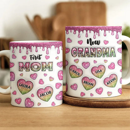 First Mom Now Grandma Heart Icon, 3D Inflated Effect Printed - Personalized White Edge-to-Edge Mug