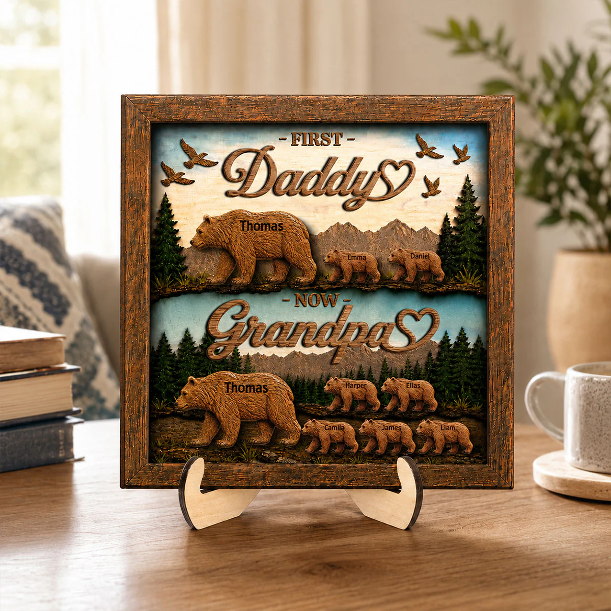 First Dad Now Grandpa Bear with Kids Name - Personalized Wooden Plaque