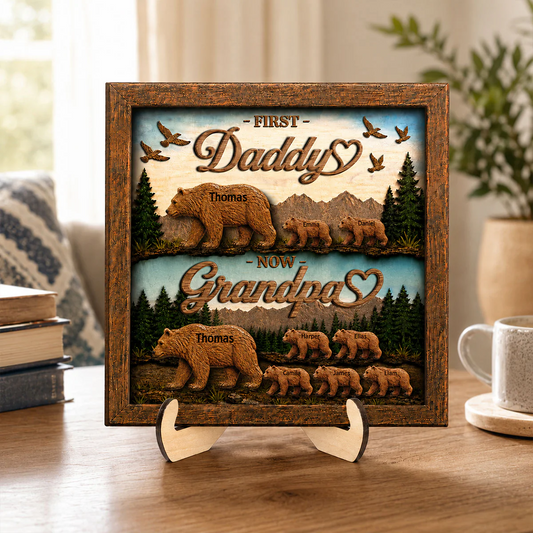 First Dad Now Grandpa Bear with Kids Name - Personalized Wooden Plaque