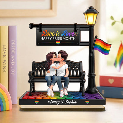 LGBT+ Couple Sitting On Bench Under Lamp Post - Personalized Wooden Plaque - Gift For Couple, Happy Pride Month