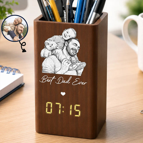 Custom Photo Pencil Sketch Art Family Portrait Best Grandpa Dad Ever - Personalized Pen Holder With Clock