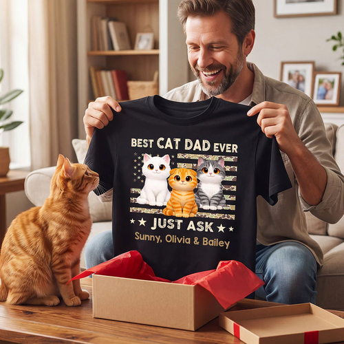 Best Cat Dad Ever Trendy Camouflage Pattern Nation Flag - Personalized Shirt - Father's Day Gift For Cat Dad, Cat Lovers