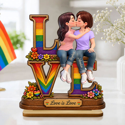 Love Is Love LGBT+ Couple Rose - Personalized Wooden Plaque - Gift For Couple, Happy Pride Month