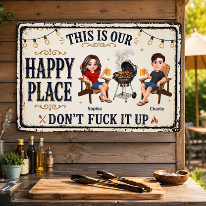 This Is Our Happy Place Backyard Bar Grilling - Personalized Metal Sign - Funny Sarcasm Summer Decoration