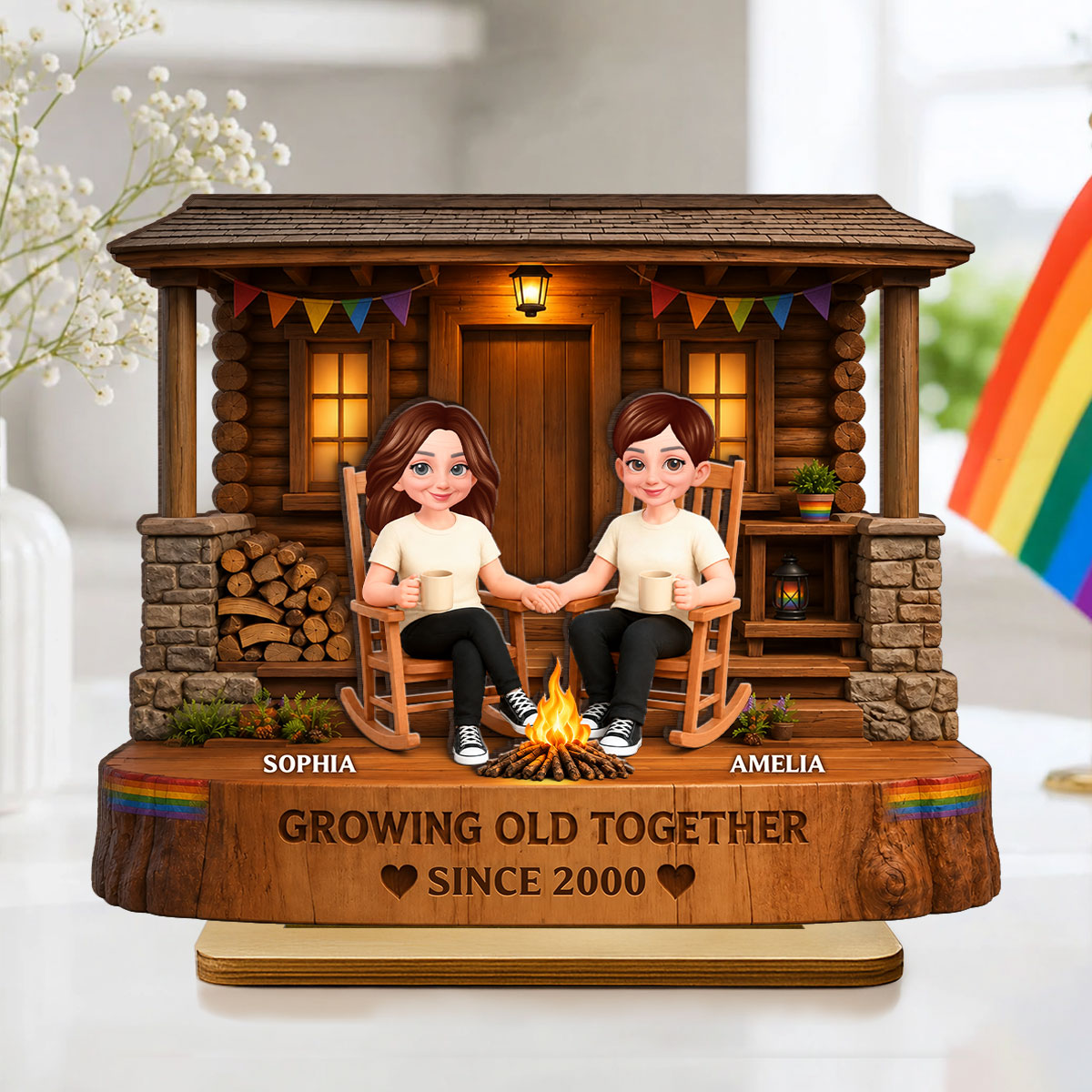 LGBT+ Couple Sitting On Front Porch - Personalized Wooden Plaque - Gift For Couple, Happy Pride Month