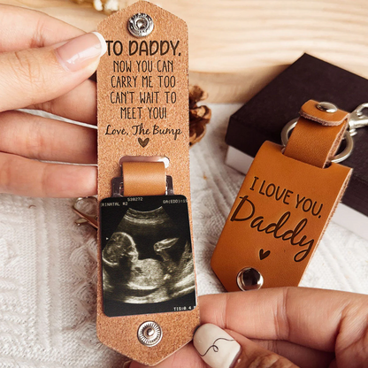 Father's Day Gifts, Daddy Can't Wait To Meet You From The Bump - Personalized Leather Photo Keychain