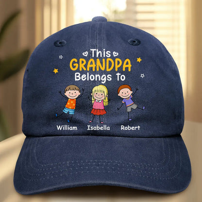 Stick Figures This Grandpa Dad Belongs To Kids Pet - Personalized Vintage Washed Denim Cap