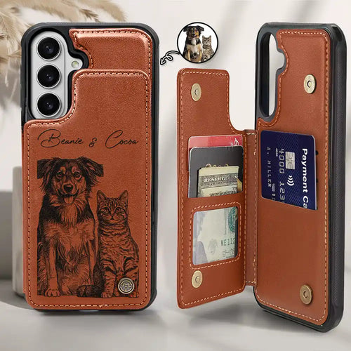Custom Photo White Pencil Sketch Art For Dog And Cat Lovers - Personalized Leather Flip Wallet Phone Case