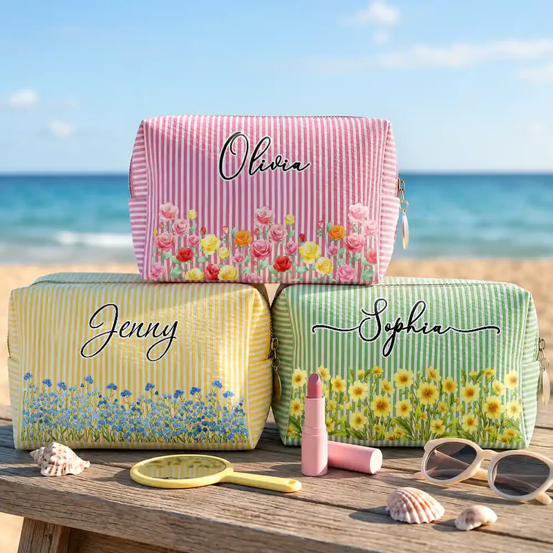 Birth Month Flower Watercolor Blooming In Love - Personalized Striped Cosmetic Bag
