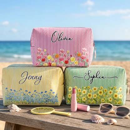 Birth Month Flower Watercolor Blooming In Love - Personalized Striped Cosmetic Bag