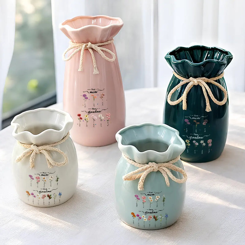 Birth Month Flowers First Mom Now Grandma - Personalized Ribbon Tie Flower Vase
