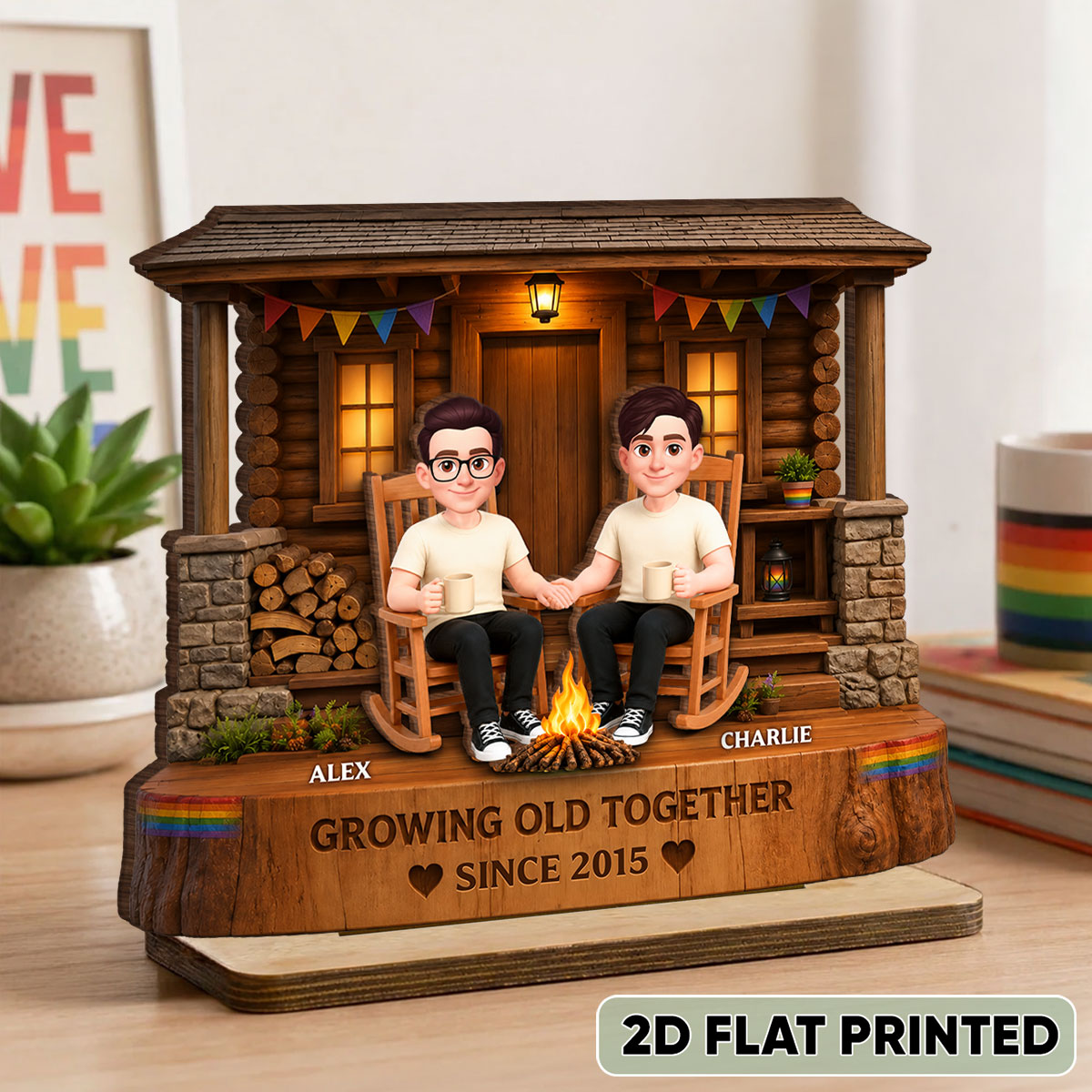 LGBT+ Couple Sitting On Front Porch - Personalized Wooden Plaque - Gift For Couple, Happy Pride Month