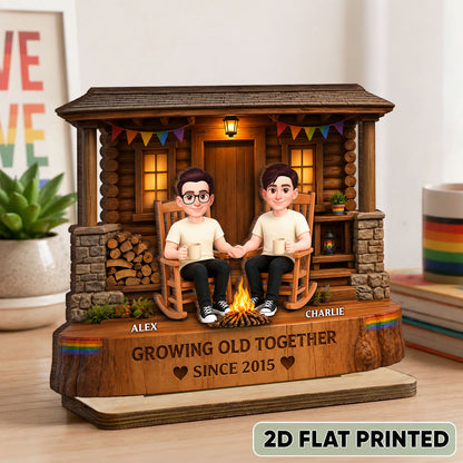 LGBT+ Couple Sitting On Front Porch - Personalized Wooden Plaque - Gift For Couple, Happy Pride Month