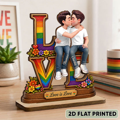 Love Is Love LGBT+ Couple Rose - Personalized Wooden Plaque - Gift For Couple, Happy Pride Month