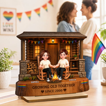 LGBT+ Couple Sitting On Front Porch - Personalized Wooden Plaque - Gift For Couple, Happy Pride Month