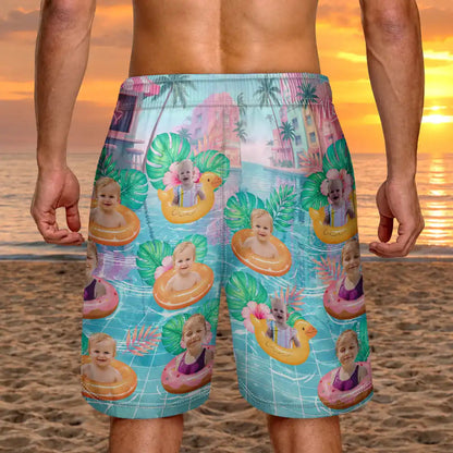 Custom Photo Dog Cat Kid Summer Poolside - Personalized Unisex Beach Shorts