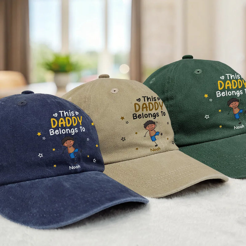 Stick Figures This Grandpa Dad Belongs To Kids Pet - Personalized Vintage Washed Denim Cap