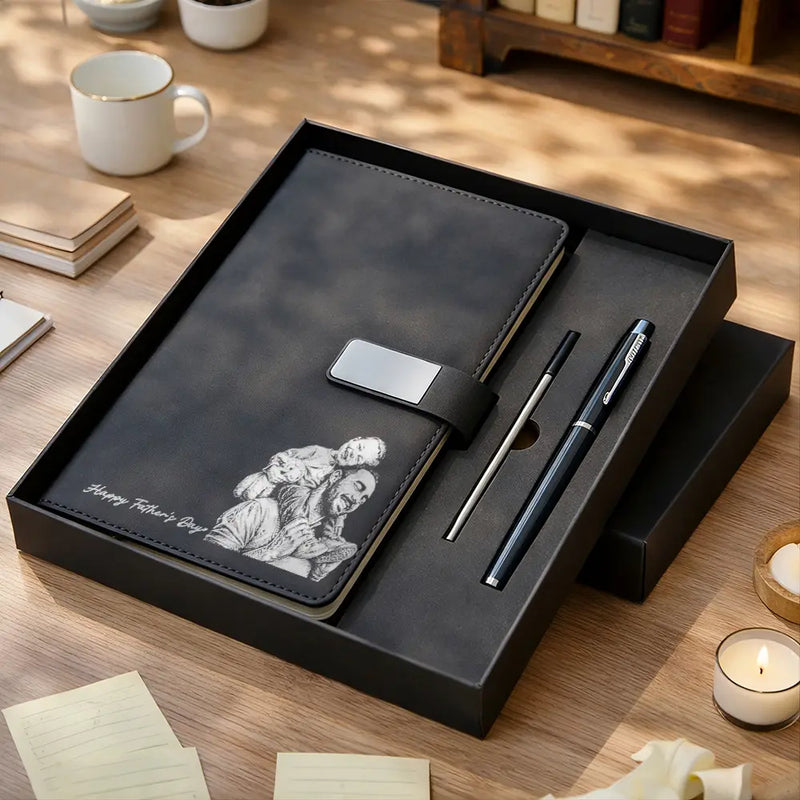 Custom Photo Bold Sketch Best Dad Grandpa Ever Family Portrait - Personalized Leather Notebook Set