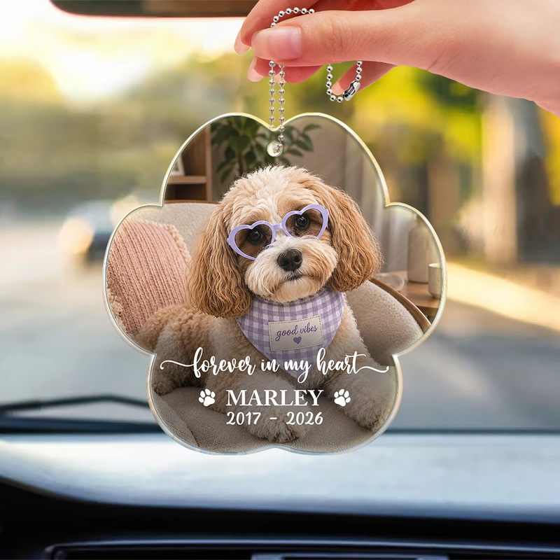Custom Photo Forever In My Heart Dog Cat Memorial - Personalized Acrylic Car Hanger