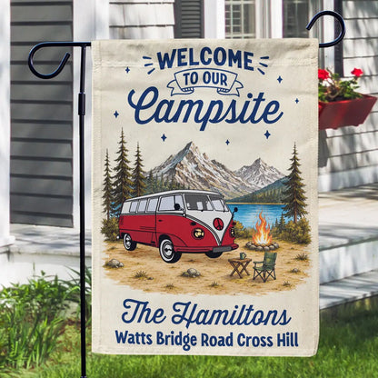 Family Welcome To Our Campsite - Personalized Flag