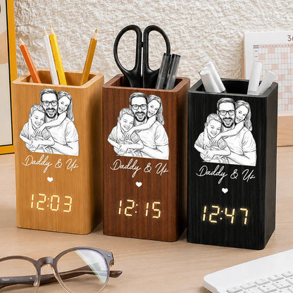 Custom Photo Pencil Sketch Art Family Portrait Best Grandpa Dad Ever - Personalized Pen Holder With Clock