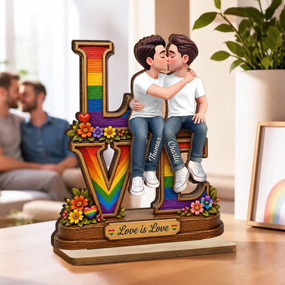 Love Is Love LGBT+ Couple Rose - Personalized Wooden Plaque - Gift For Couple, Happy Pride Month